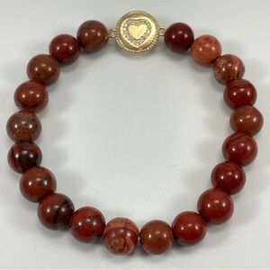 Red Jasper Stone Beaded Gold Tone Rhinestone Heart Stretch Bracelet 6” Boho